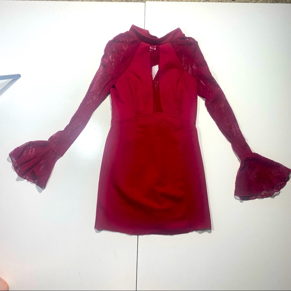Free People Red High Neck Mini Dress W:Long Bell Fishnet Floral Sleeve Size S